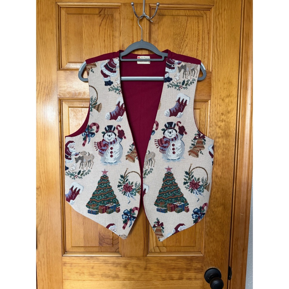 Handmade Tapestry Christmas Vest Snowman Santa Burgundy Holiday Waistcoat L